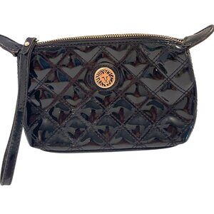 Anne Klein Black Quilted Patent Leather Wristlet Clutch Purse GoldTone Lion Logo
